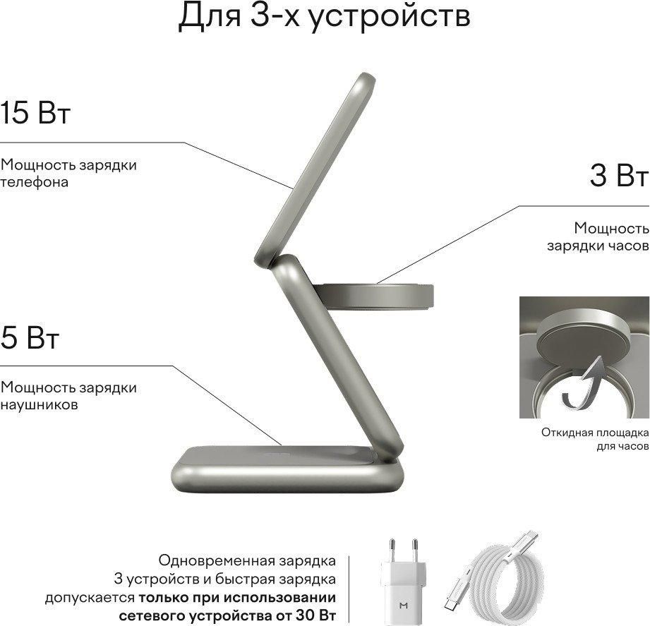 Беспроводное зарядное Magssory Fold Pro 3 в 1 WCH063 (титановый)