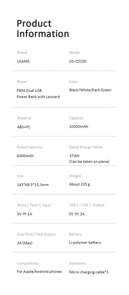 Внешний аккумулятор Usams US-CD150 PB56 10000mAh (черный)