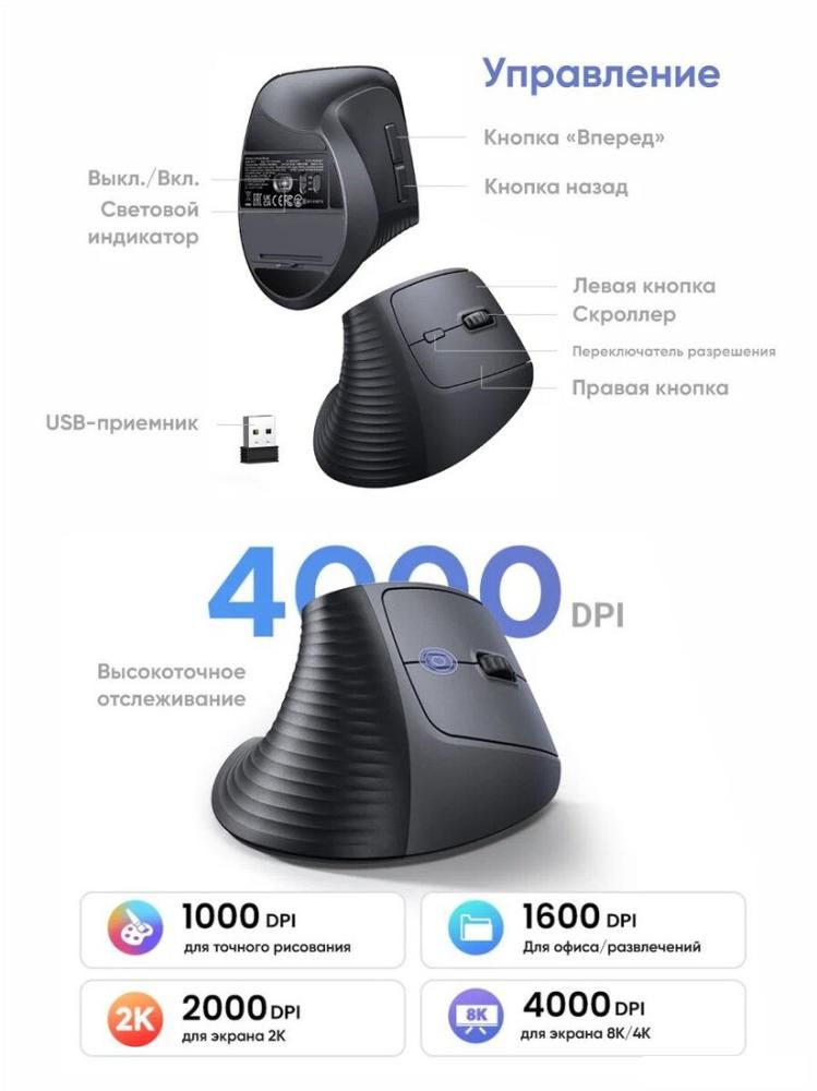 Вертикальная мышь Ugreen M571 55916 (черный)