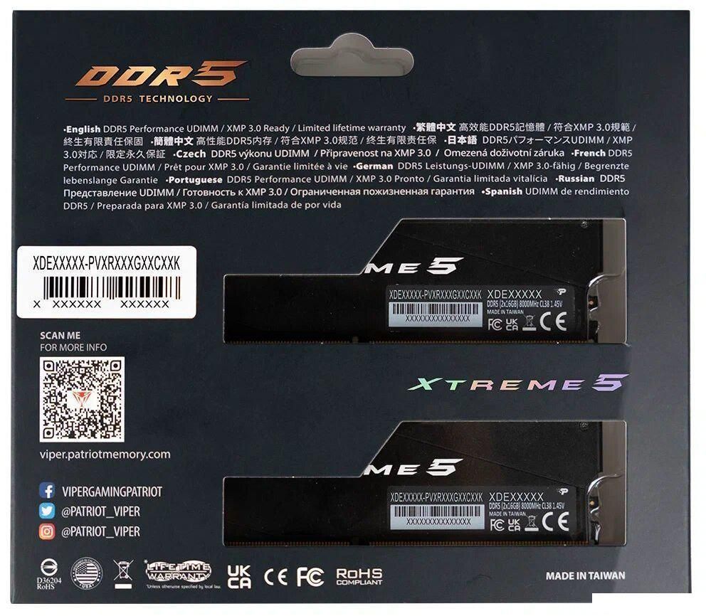 Оперативная память Patriot Viper Xtreme 5 RGB 2x16ГБ DDR5 8000 МГц PVXR532G80C38K
