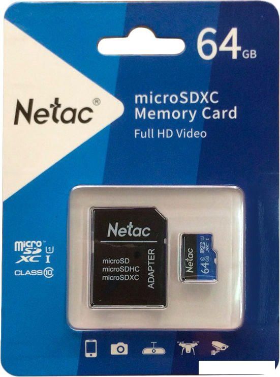 Карта памяти Netac P500 Standard 64GB NT02P500STN-064G-R + адаптер