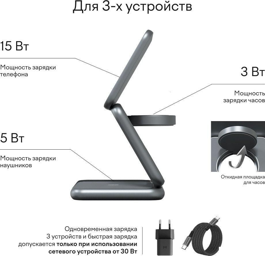 Беспроводное зарядное Magssory Fold Pro 3 в 1 WCH063 (темно-серый)