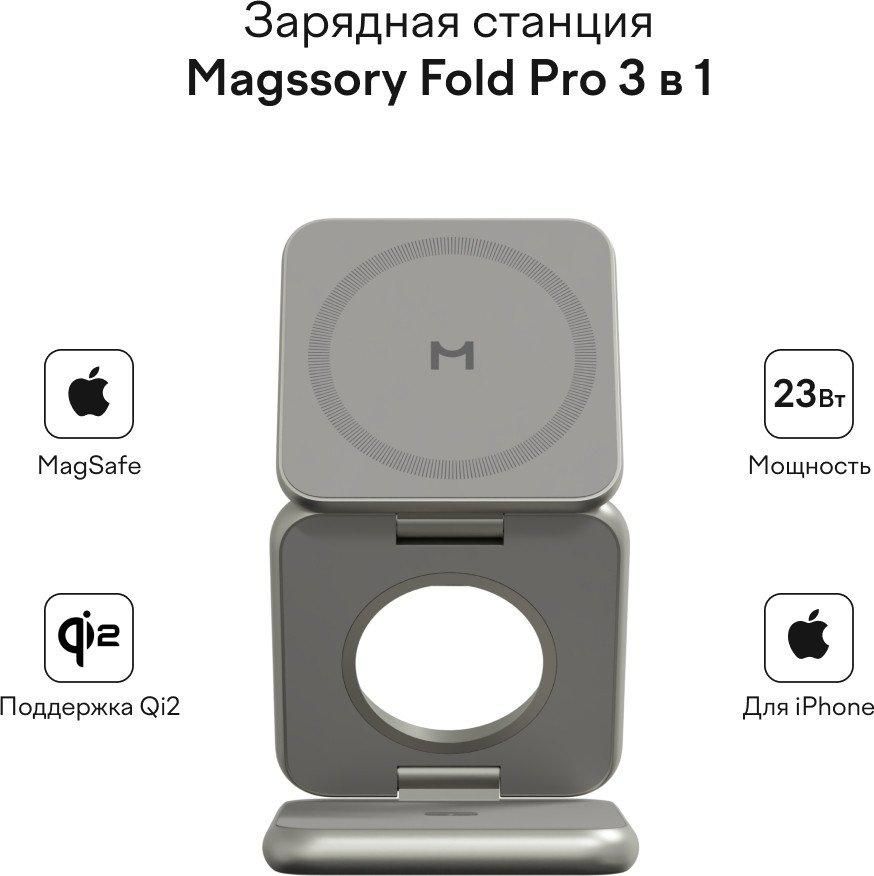Беспроводное зарядное Magssory Fold Pro 3 в 1 WCH063 (титановый)