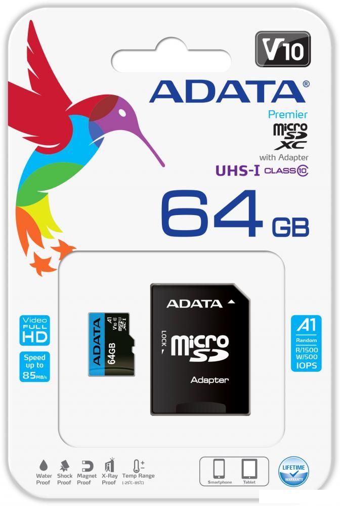 Карта памяти ADATA Premier AUSDX64GUICL10A1-RA1 microSDXC 64GB (с адаптером)
