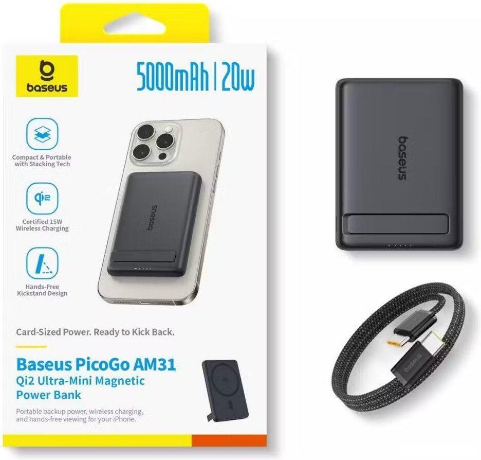 Внешний аккумулятор Baseus PicoGo AM31 Mini Magnetic Power Bank with Stand 20W 5000mAh (черный)