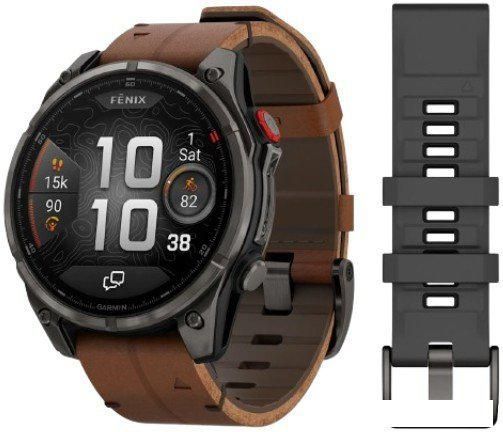 Умные часы Garmin Fenix 8 Pro 47 мм (карбоновый серый, коричневый кожаный ремешок)