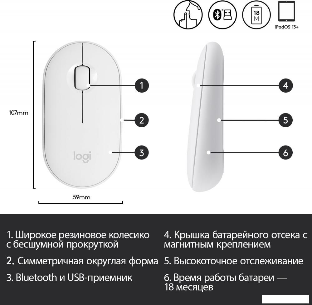 Мышь Logitech M350 Pebble (белый)
