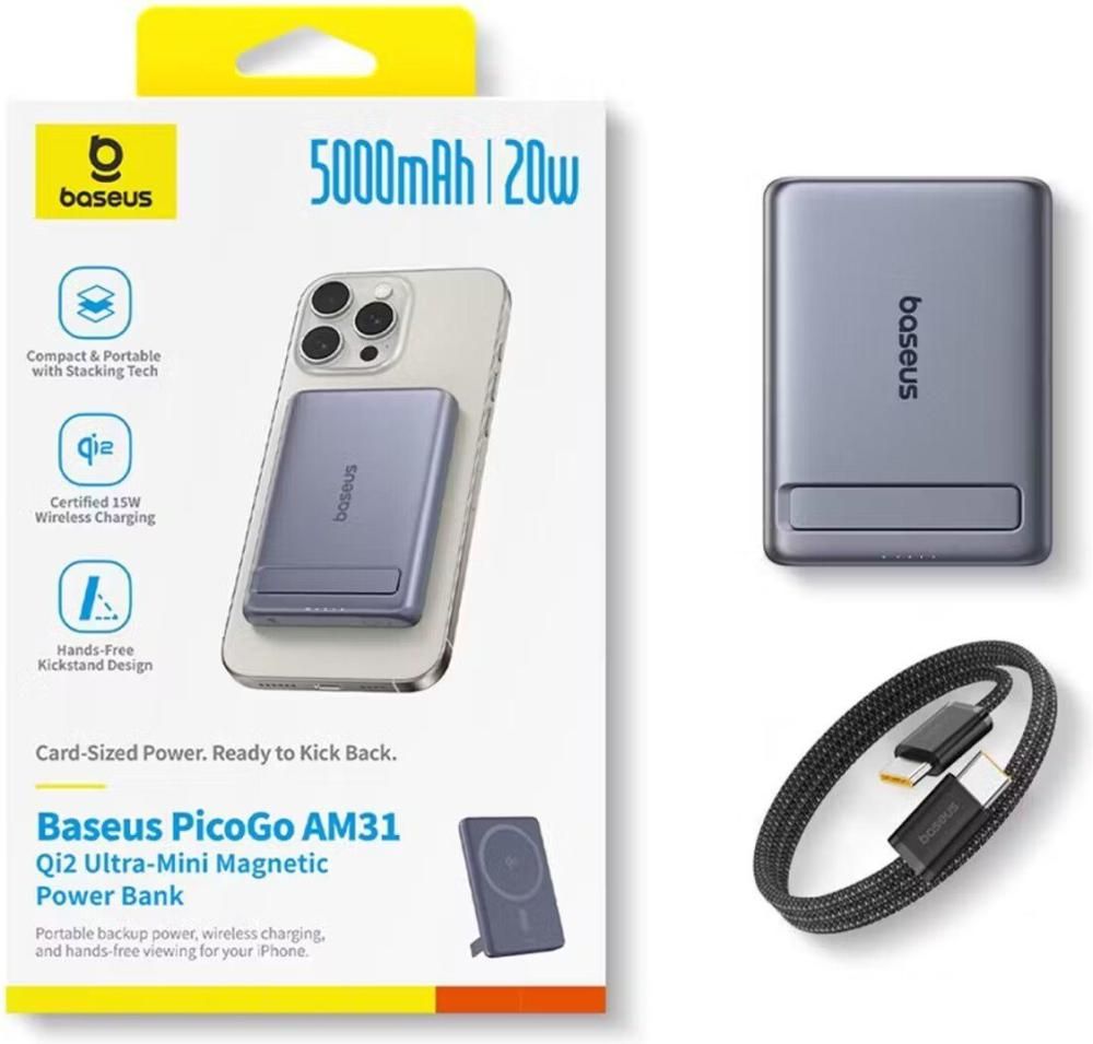 Внешний аккумулятор Baseus PicoGo AM31 Mini Magnetic Power Bank with Stand 20W 5000mAh (серый)