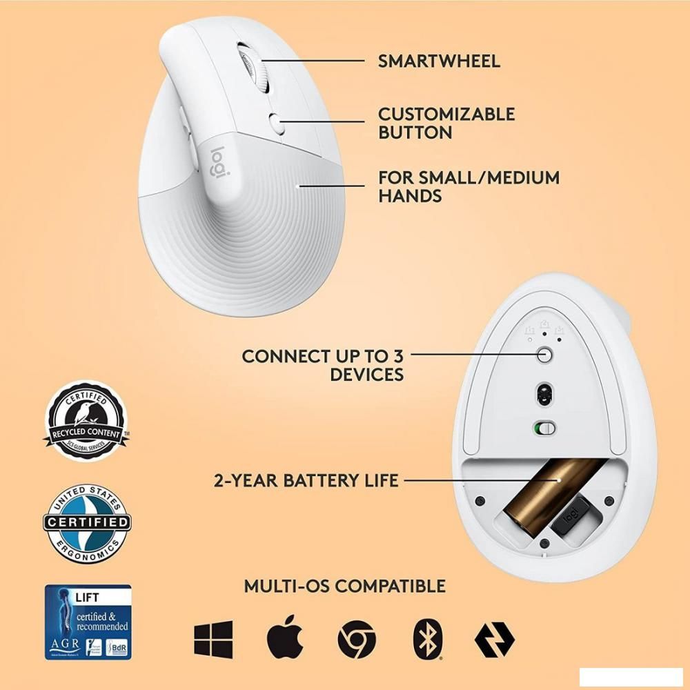 Вертикальная мышь Logitech Lift (белый)