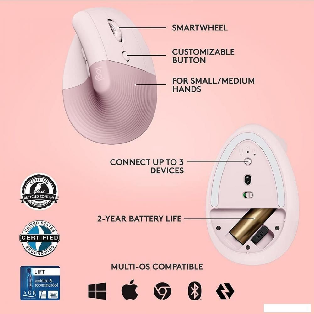 Вертикальная мышь Logitech Lift (розовый)