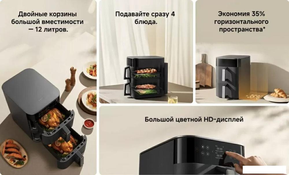 Аэрогриль (аэрофритюрница) Xiaomi Smart Double Stack Air Fryer 12L MAF-DS1201 (евровилка, черный)