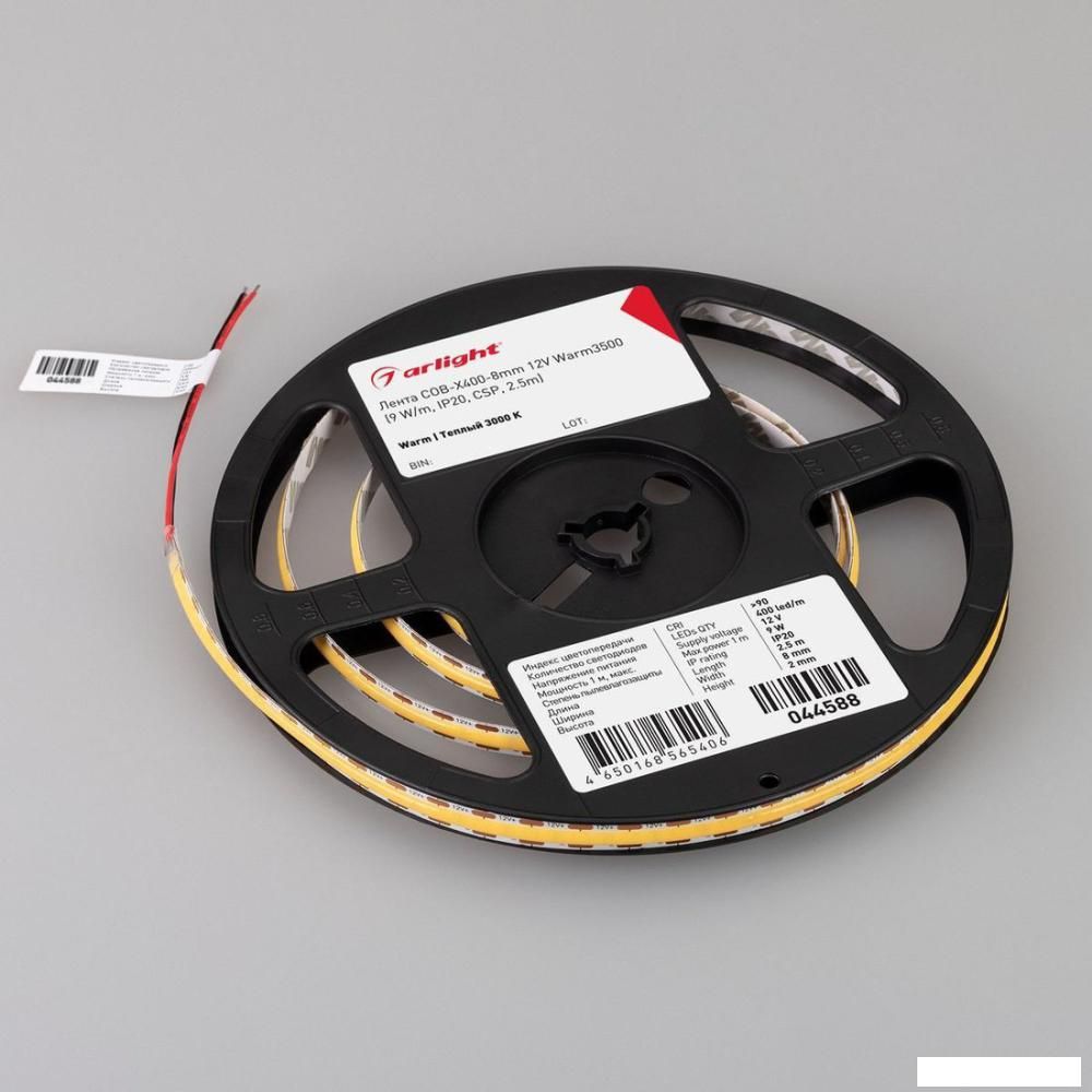 Светодиодная лента COB Arlight 9W/m 400LED/m CSP теплый белый 2.5М COB-X400-8mm 12V Warm3500 044588