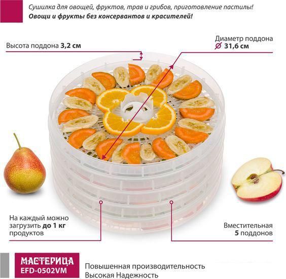 Сушилка для овощей и фруктов Мастерица EFD-0502VM (5 прозрачных поддонов и 1 поддон для пастилы)
