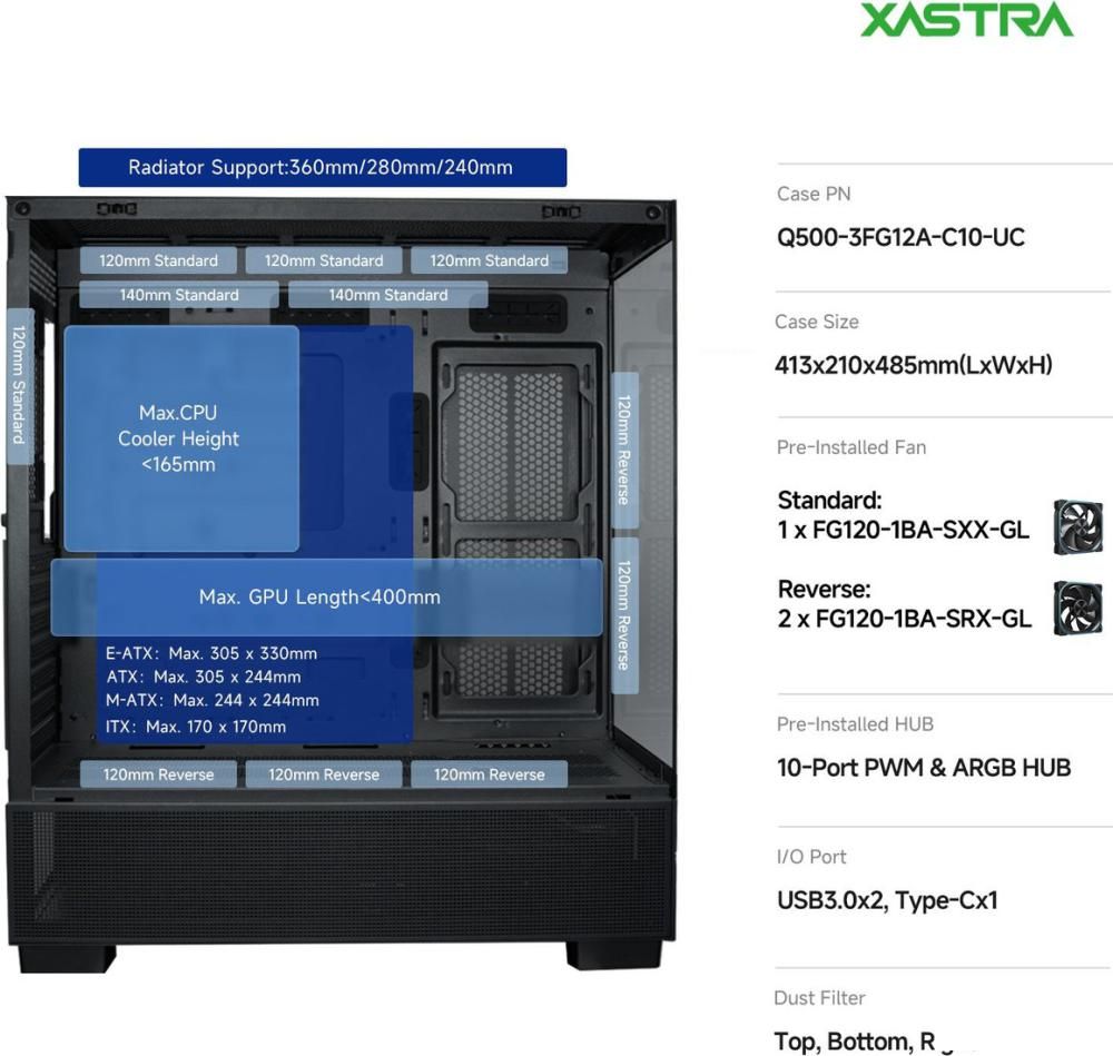 Корпус XASTRA Q500 3ARGB-FG-C10-UC (черный)