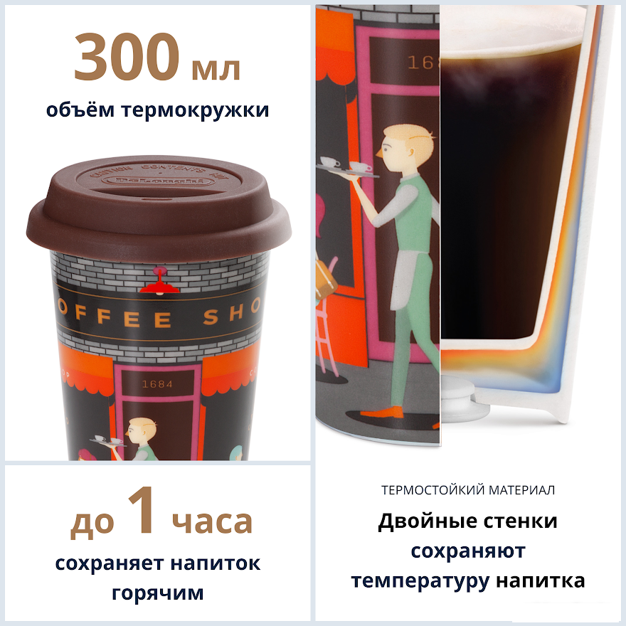 Термосы, термокружки и многоразовые стаканы DeLonghi Coffee Shop DLSC066 300мл (серый/коричневый)