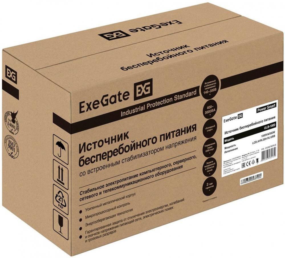 Источник бесперебойного питания ExeGate Power Smart ULB-1000.LCD.AVR.2SH.RJ.USB EX292792RUS