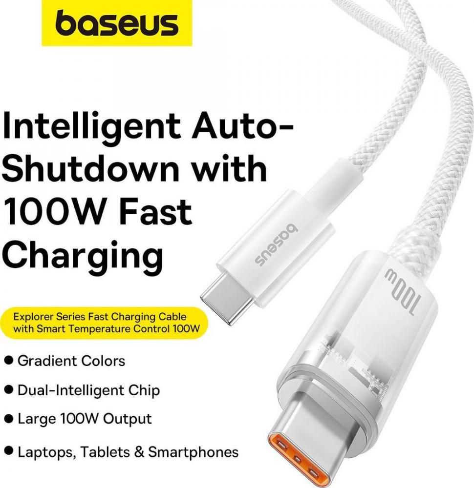 Кабель Baseus Explorer Series Fast Charging Cable Auto Power-Off For Overheating 100W USB Type-C - USB Type-C (1 м, белый)